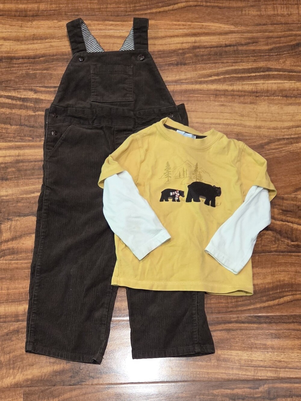 Janie and Jack EUC 2T Brown Corduroy Overalls and Yellow Bear Tee